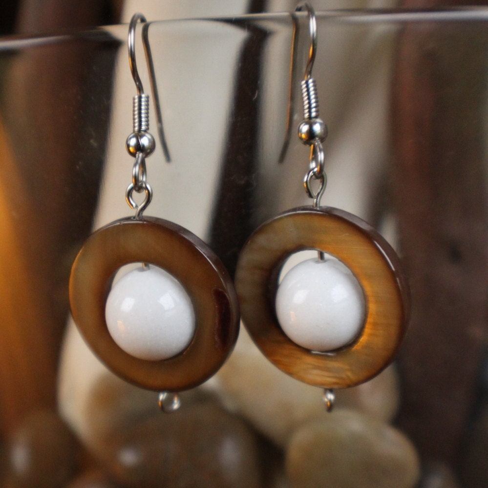 earrings- loop natural stone earrings in brown and white