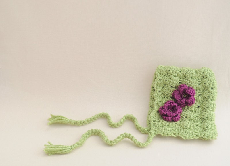 Green Baby Bonnet with Purple Flowers