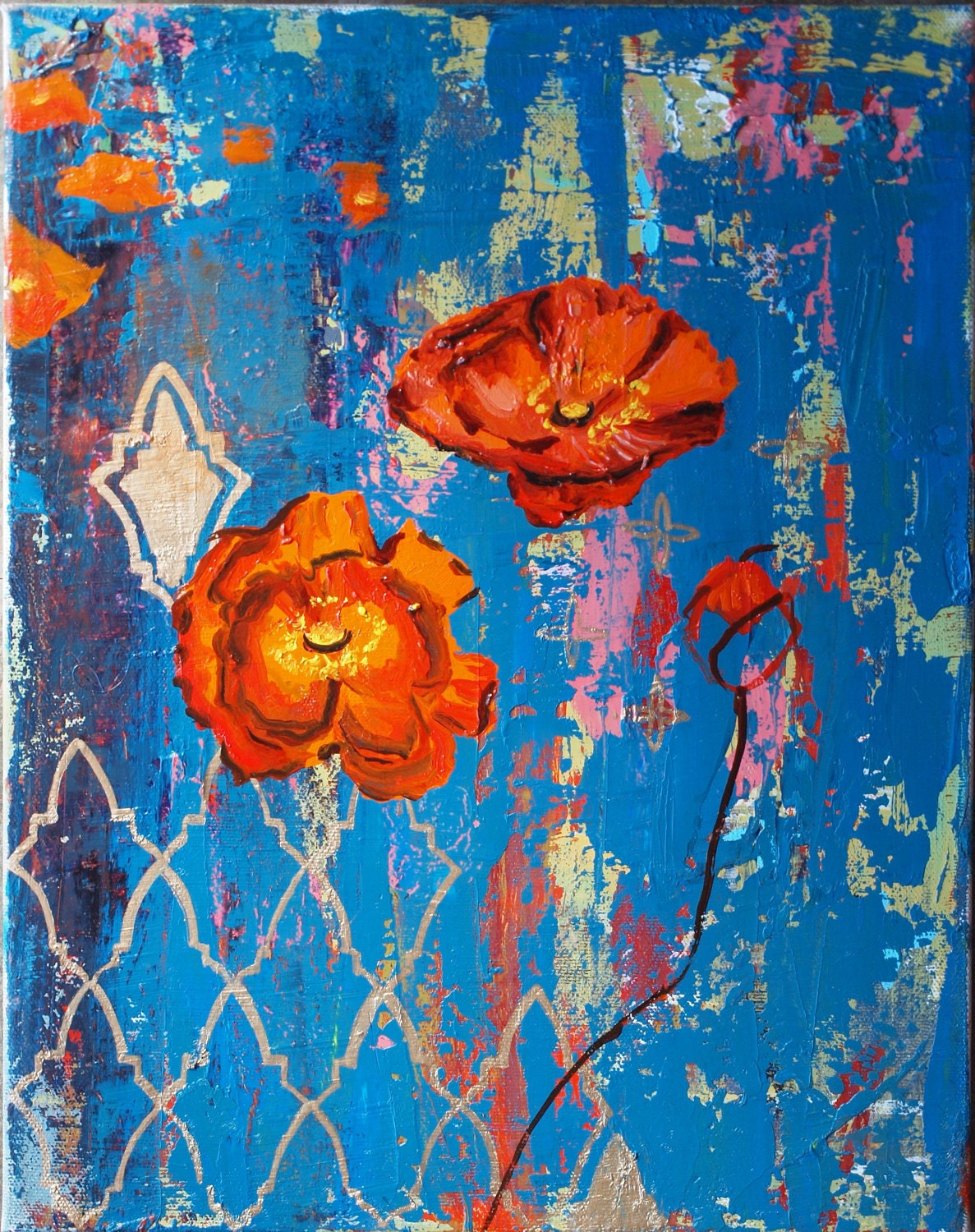 Tangerine Poppies on Sapphire Blue with Gold Leaf