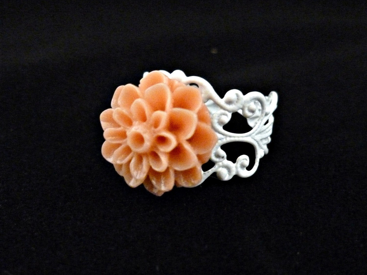 Coral Pink Dahlia Flower on a White Adjustable Filigree Ring