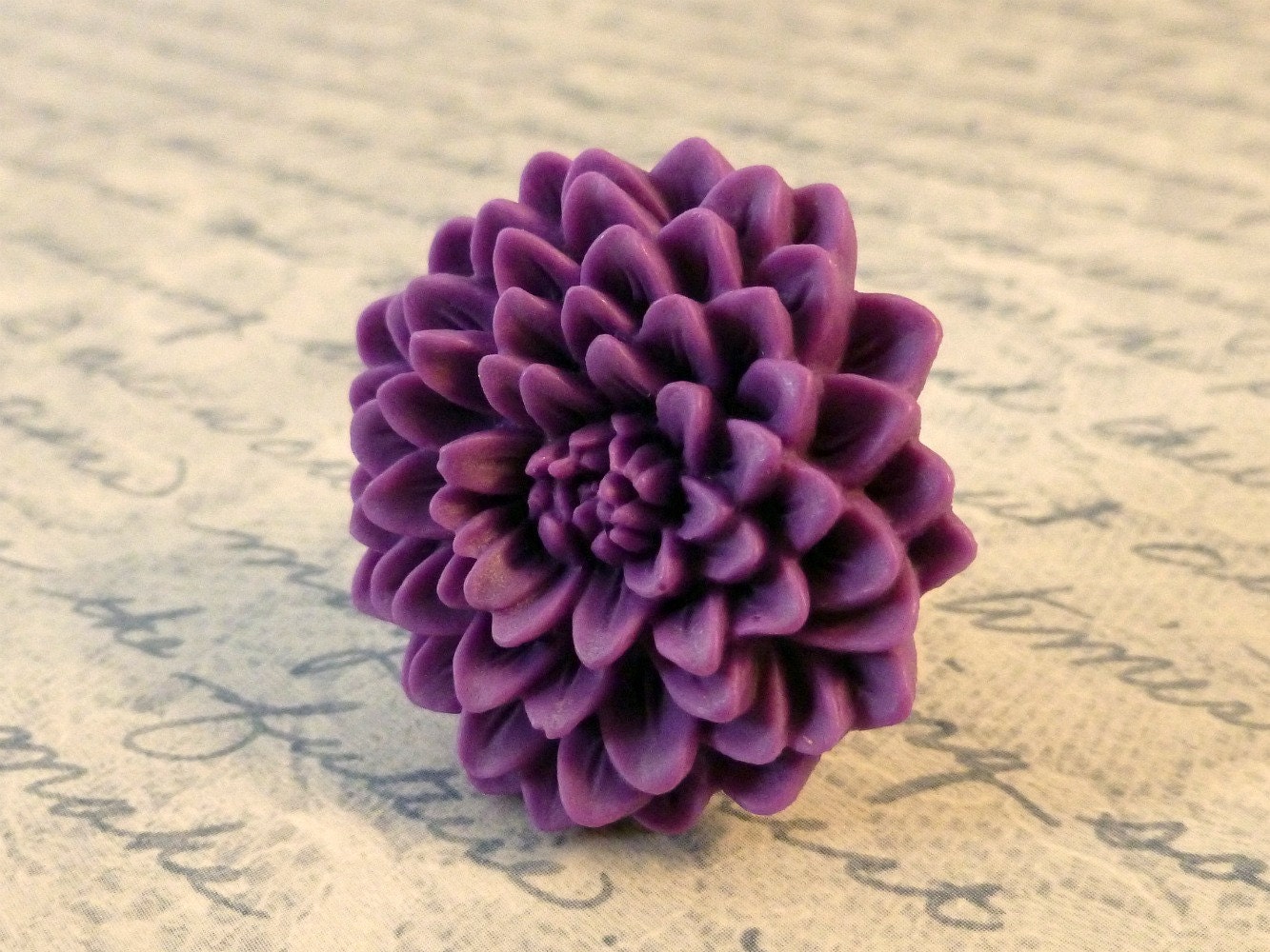 Large Purple Mum Cocktail Ring, Purple Chrysanthemum Flower on a White Adjustable Filigree Ring