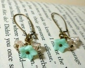 Mint Green- Robins Egg Blue and Clear Czech Glass Flower Beads Rose Bud Cluster Dangle Earrings