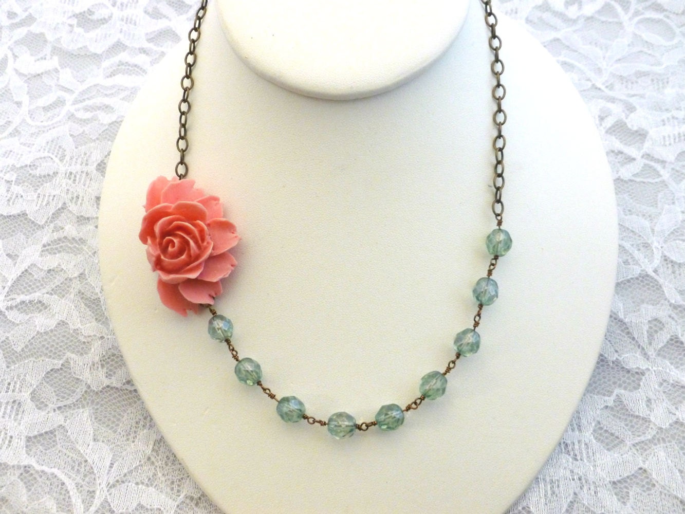 Pink Rose Asymmetrical Necklace, Pink Flower Necklace with Green Transparent Czech Glass Beads