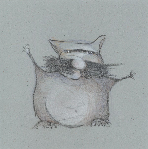 ORIGINAL CAT drawing 7 X 7,black & white pencils on dark gray paper funny kids home decor, Hello welcome illusration, picture for nursery