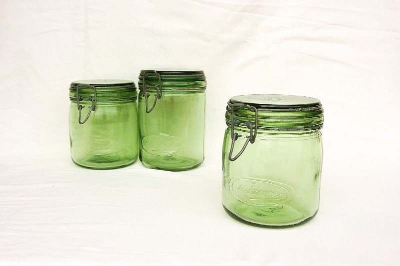 Eco friendly French antique green glass mason jar French farmhouse canning jar, French country kitchen storage jar French kitchen decor