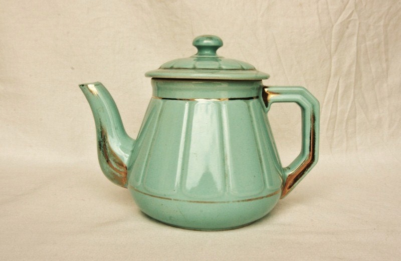 Art Deco teapot, turquoise and gold, mint blue, aqua, French coffee pot, tea pot, French kitchen, antique French pottery, French decor - FrenchCountryLife