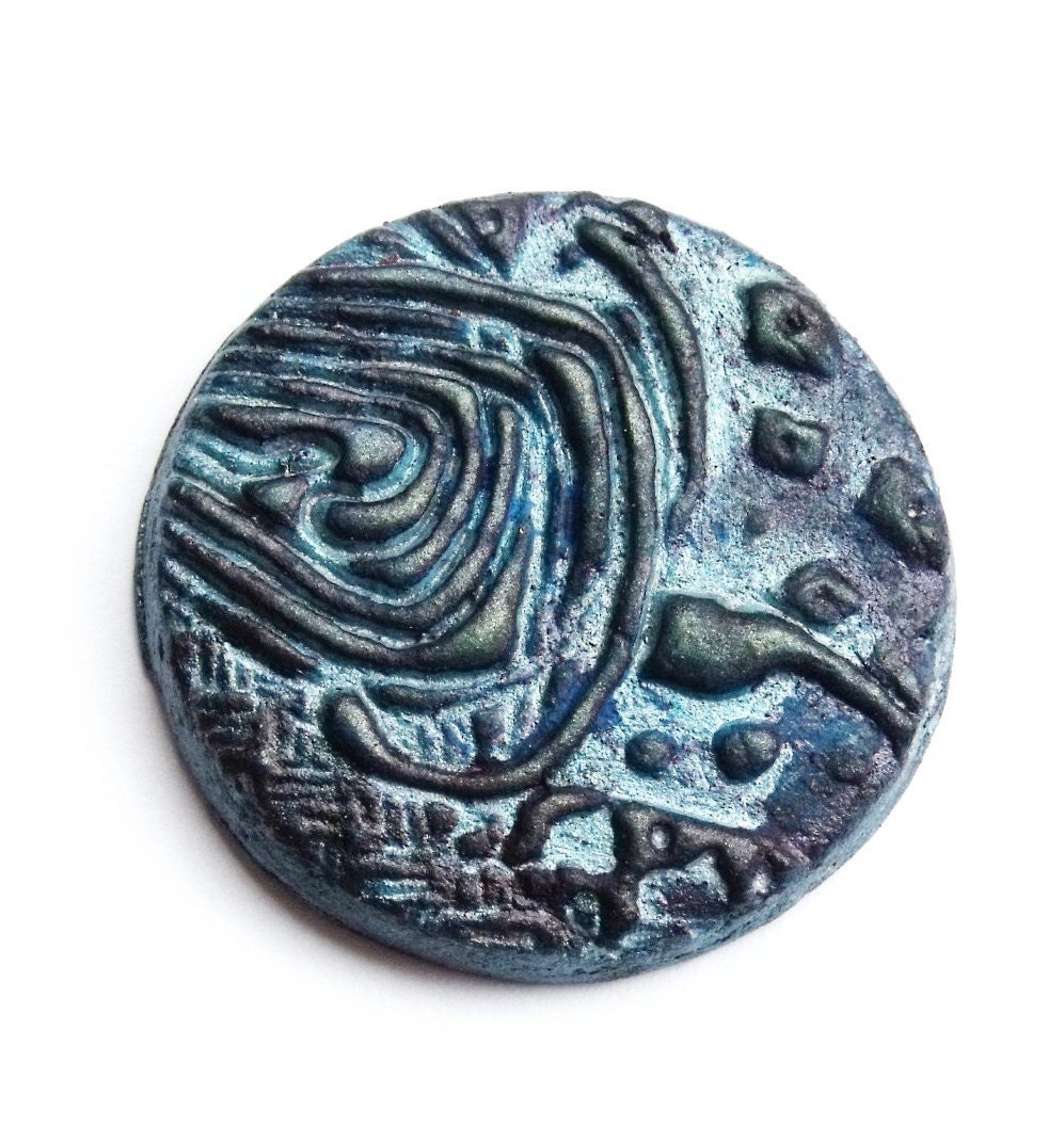 Handmade clay cabochon shimmery teal turquoise and blue with zentangle motif