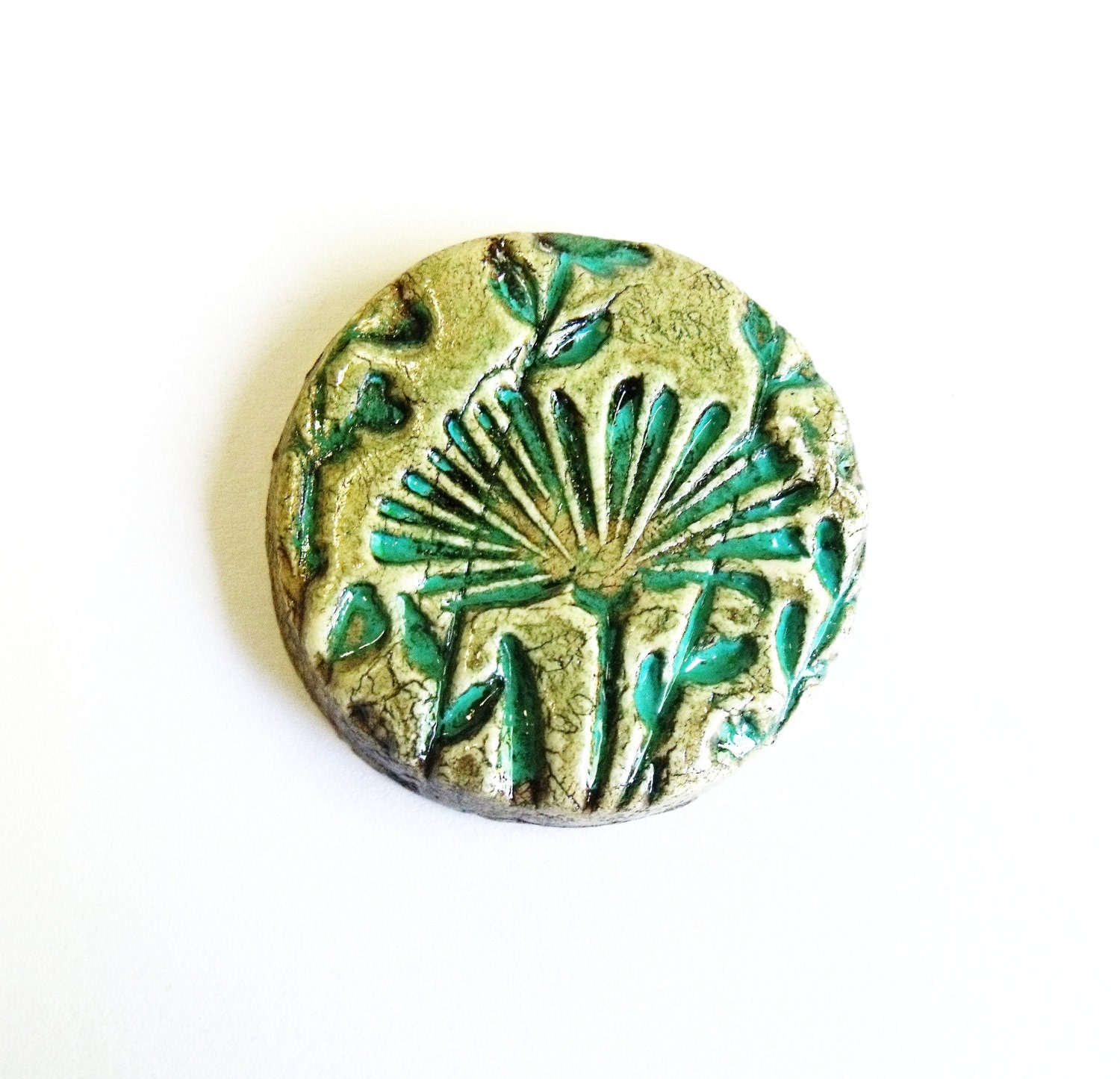 Handmade clay cabochon ceramic cabochon beige and turquoise with floral motif