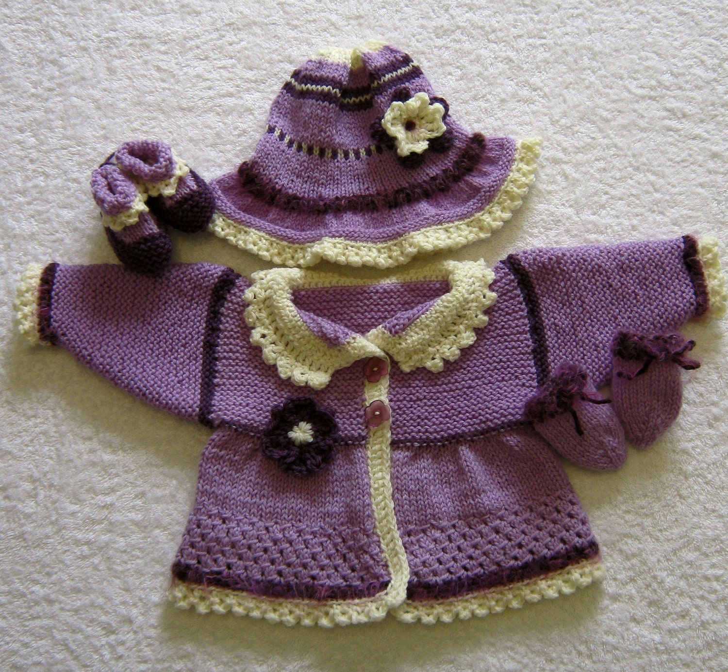 Lavender Wool Hand Knitted Baby Cardigan, Hat, Bootie & Mitt Set