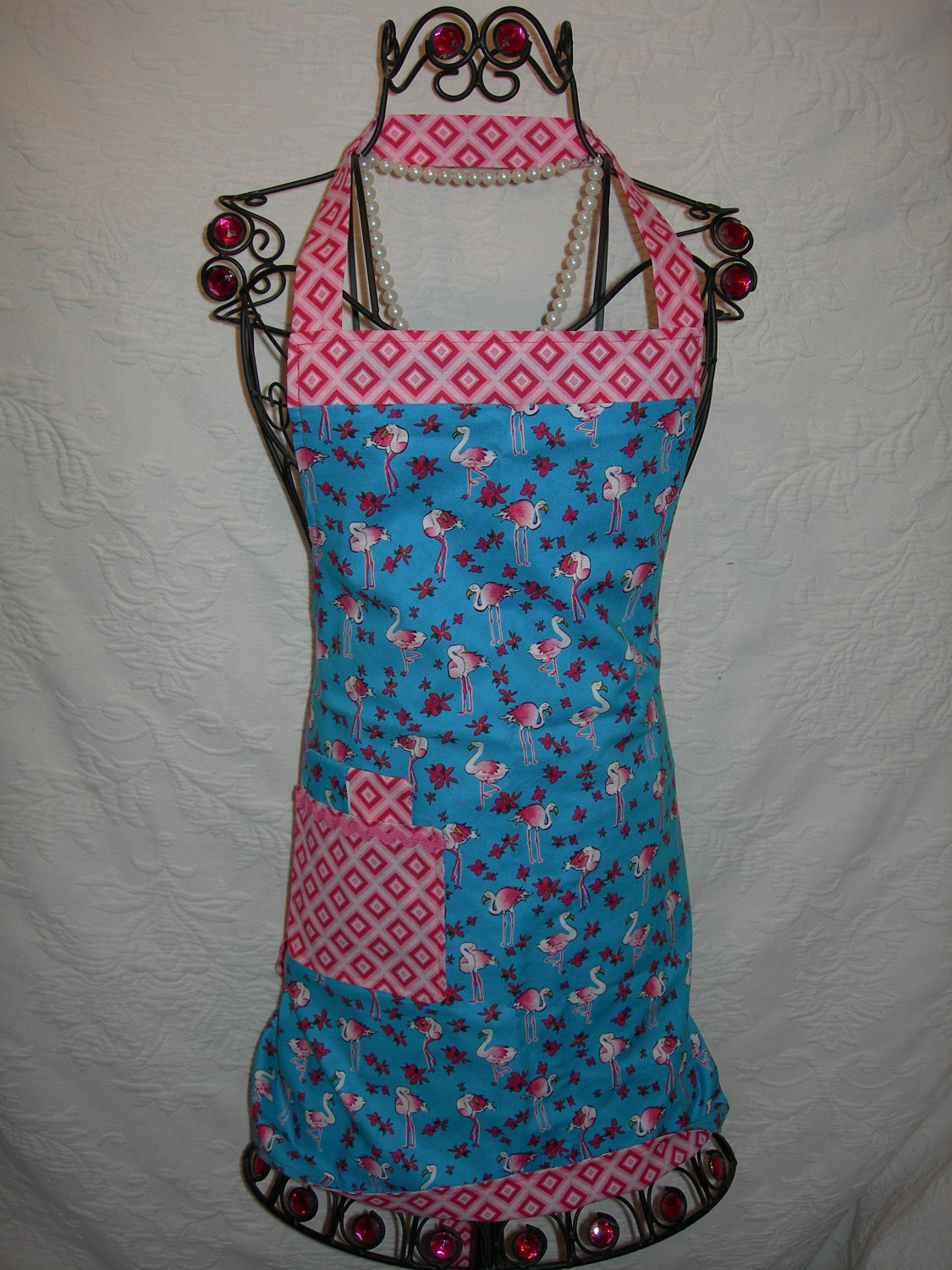 Lilly Pulitzer inspired Reversible Apron in Pink Flamingo on Turquoise with Pink geometrics. Perfect for that BBQ or Pool/Beach Party...