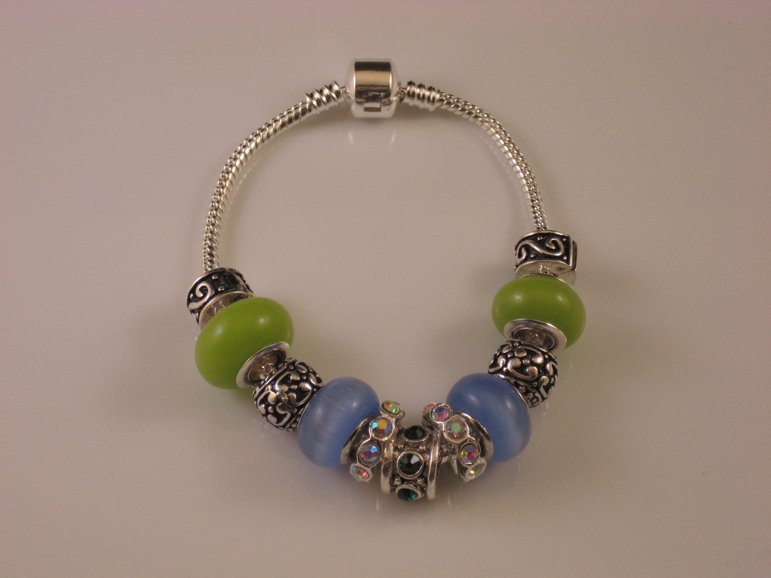 Murano glass beads Green Cats eye Blue Rhinestones Crystal AB Rondelles Pandora style European Charm bracelet (ECB 1007))