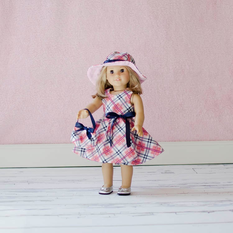 3 piece pink and navy plaid dress with hat and purse for American Girl Doll