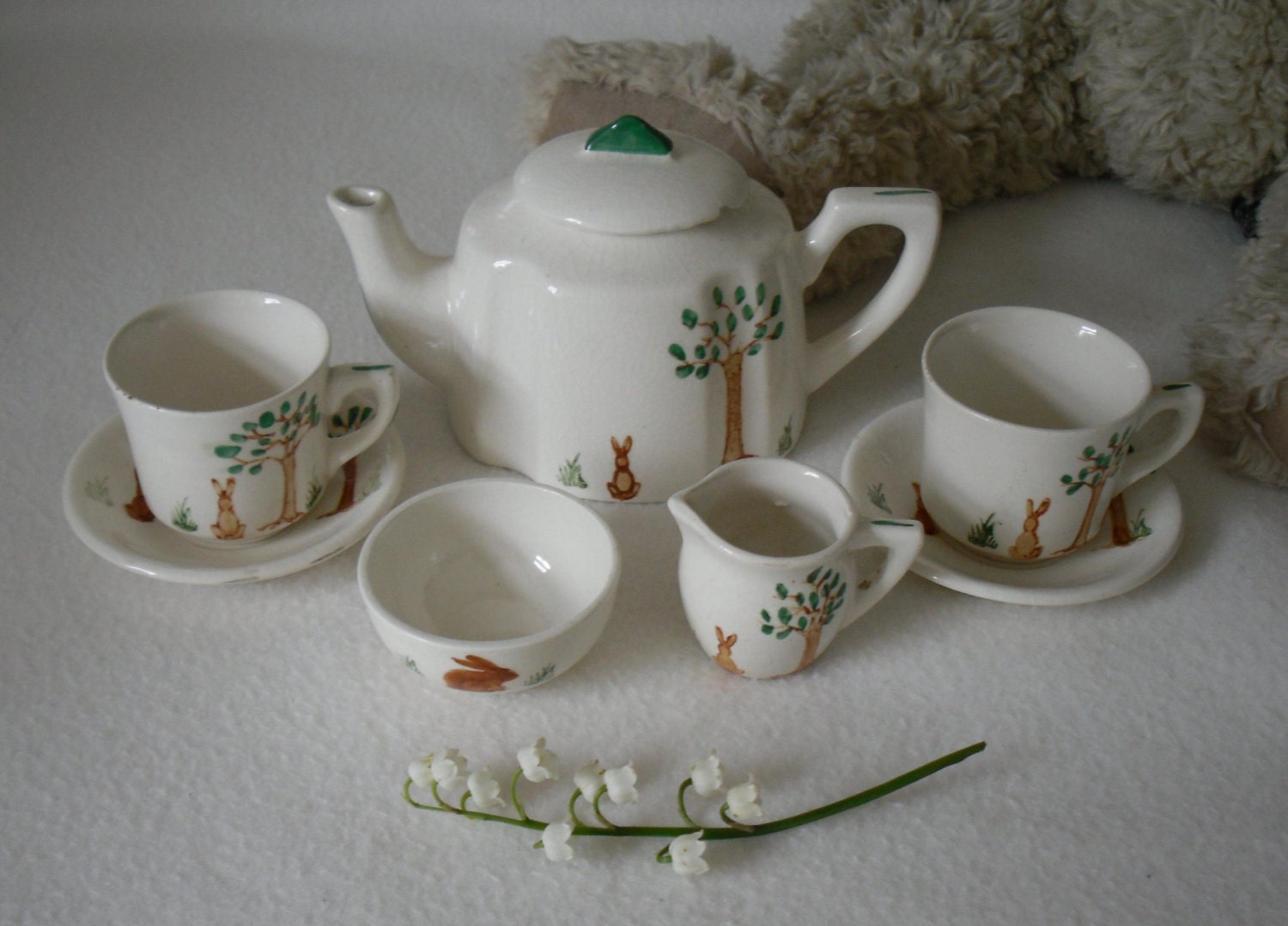 Beautiful vintage toy tea for two hand painted with bunny rabbits