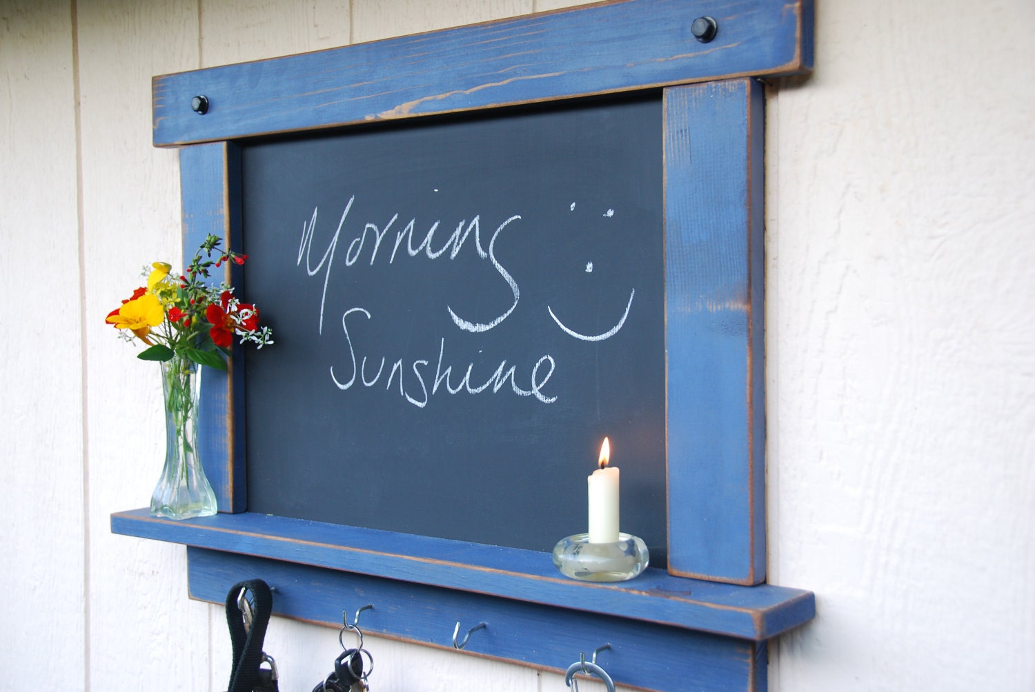 Rustic Chalkboard-Primitive Chalk Board in Blue With Shelf and Hooks -MADE TO ORDER