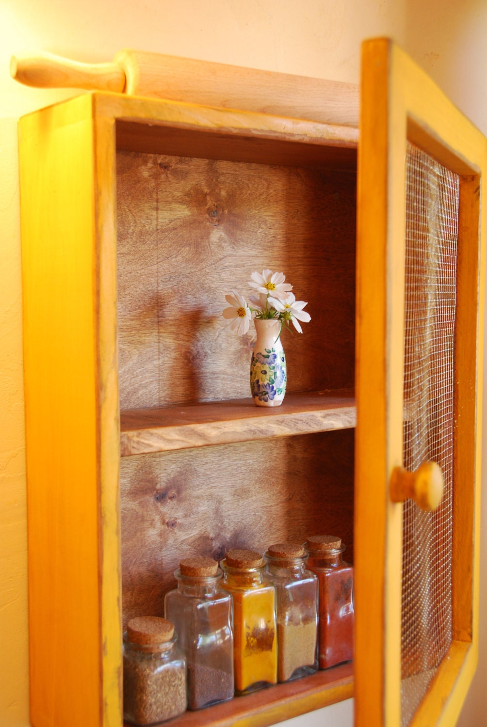 Rustic Storage Cabinet - 4.5" shelf - 2 shelf wood cabinet with wire door - AVAILABLE NOW