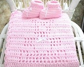 Pink Teddy Bear Blanket Baby Booties Set Infant Girl Pastel Afghan Newborn Children Clothing 3 - 6 Months Shower Gift Light Crochet Slippers