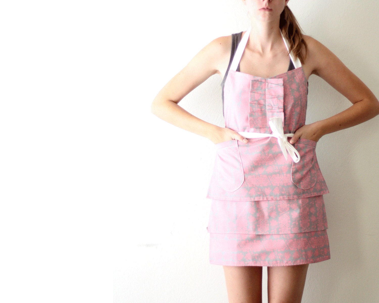 Pink Damask Apron - light pink gray damask adjustable modern hostess apron with ruffle, tiers, pockets