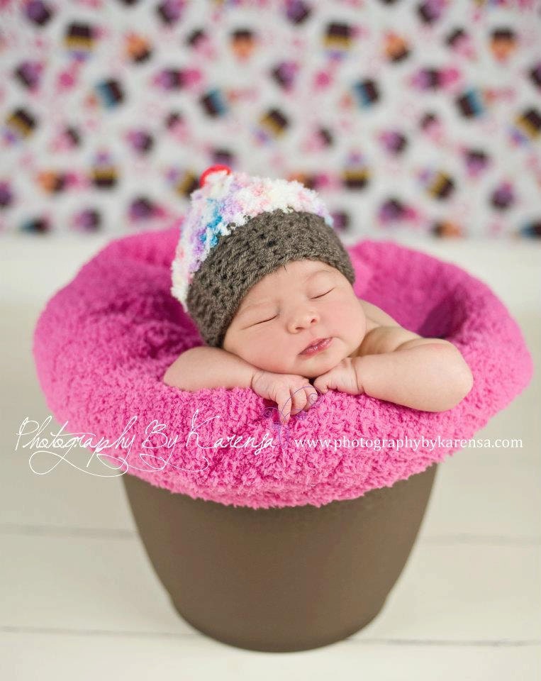 Newborn Baby Girl Cupcake Hat, beanie crochet knit, Photograph Prop, chunky thick, cherry hat, infant bonnet, rainbow colors