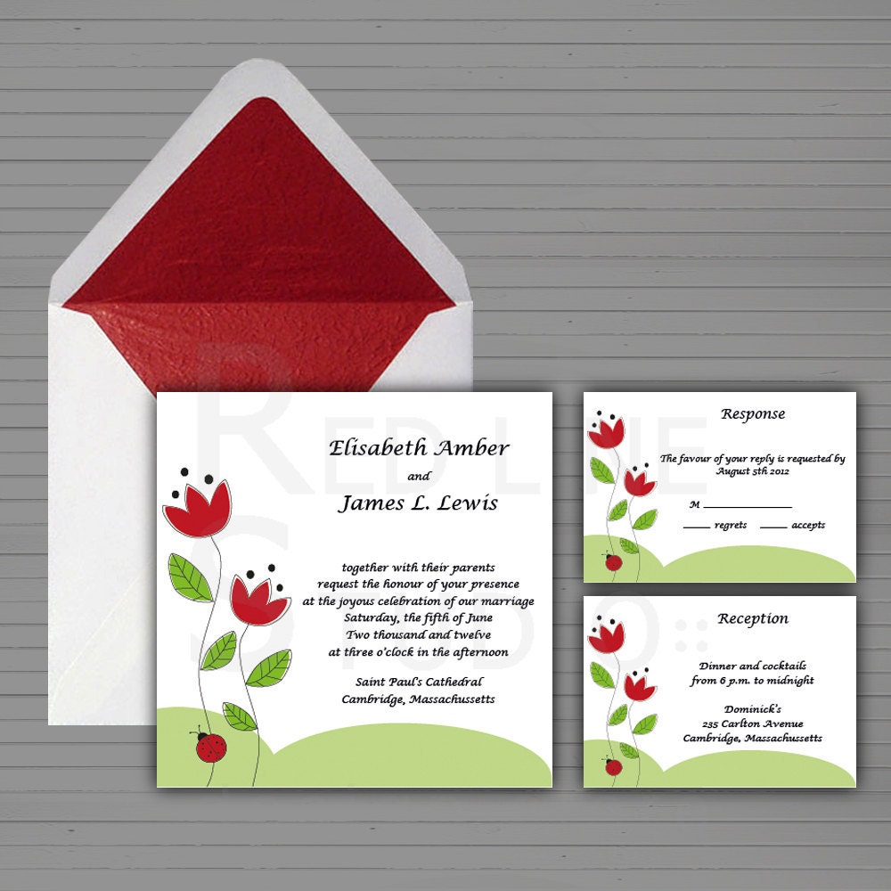 Floral wedding invitation set. Red flowers with ladybug. PDF printable digital file.
