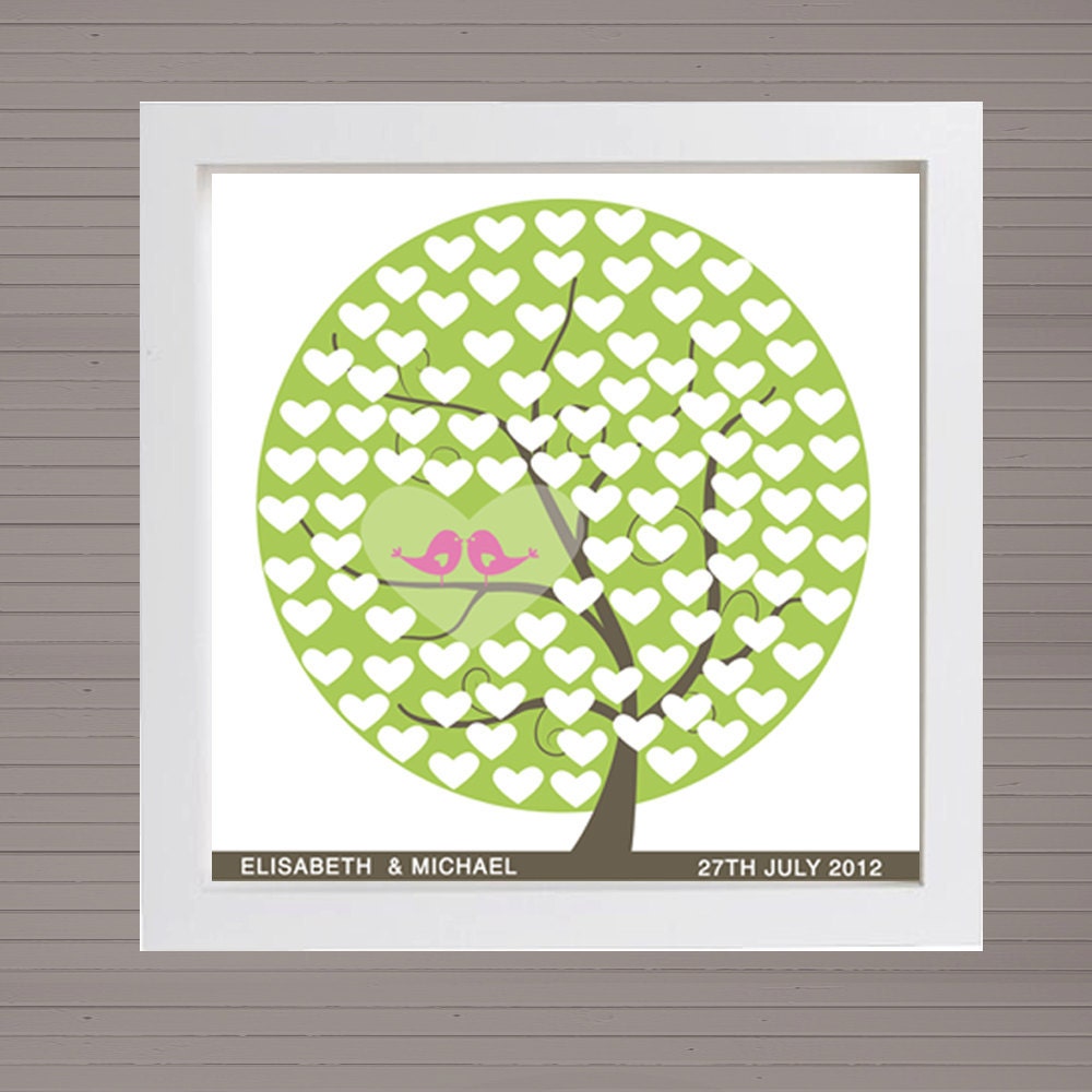 DIY printable wedding alternative guest book 100 signatures. Green tree with pink birds and hearts. No frame.