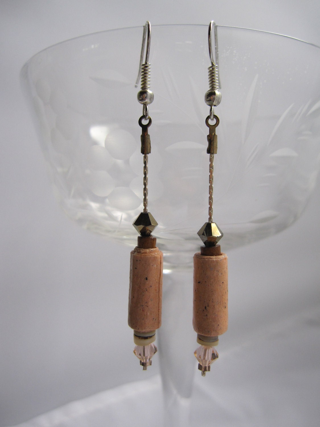 Beautiful peach colored paper bead pierced dangle earrings