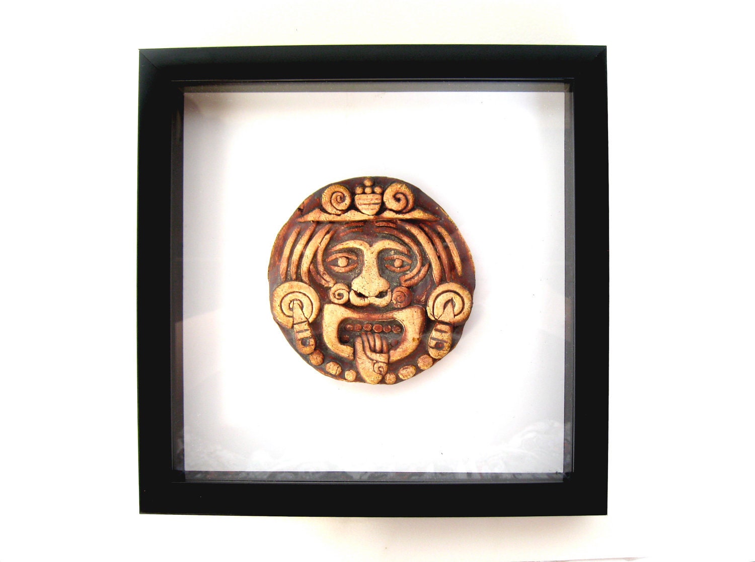 Mayan Sun Hieroglyph Framed Tile, ceramic shadow box glyph stoneware pottery art
