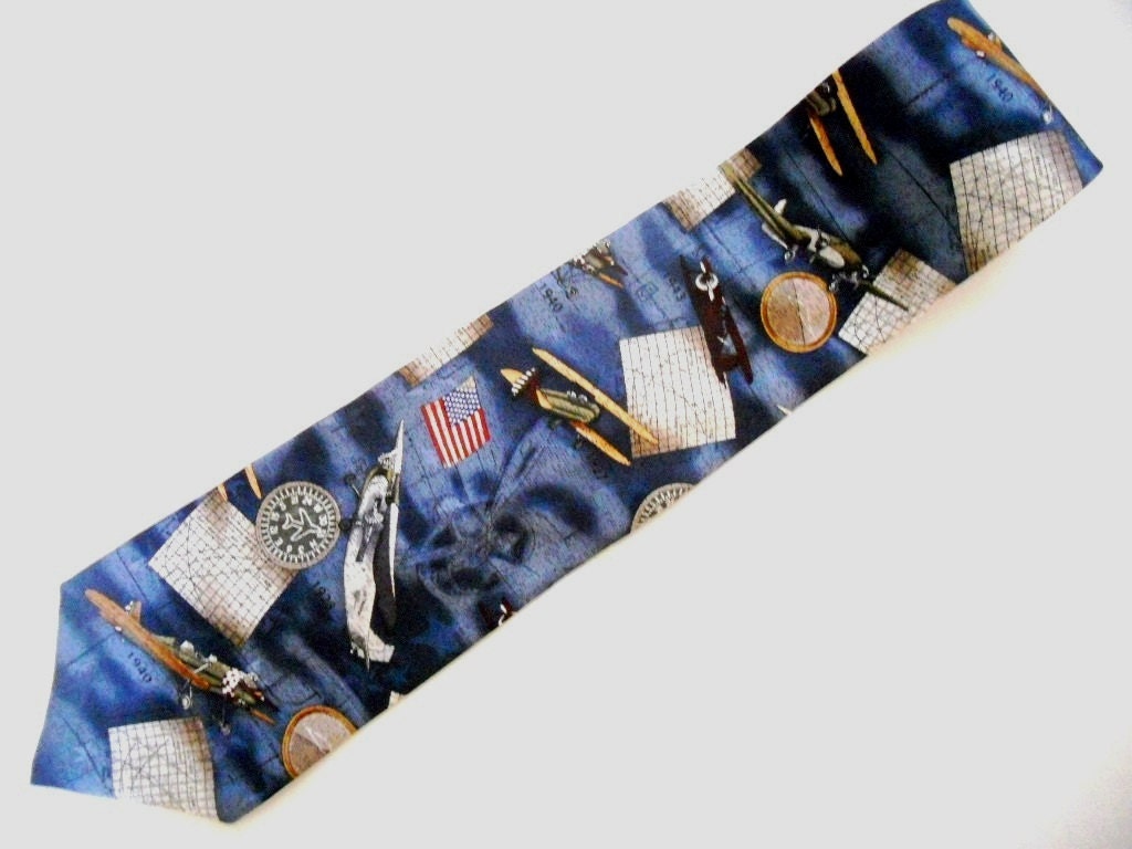 Vintage Necktie Airplanes Americana Mid-Century - Unworn - Blue Red Sky