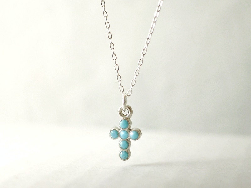 Turquoise cross necklace - tiny silver cross on sterling silver - delicate dainty jewelry