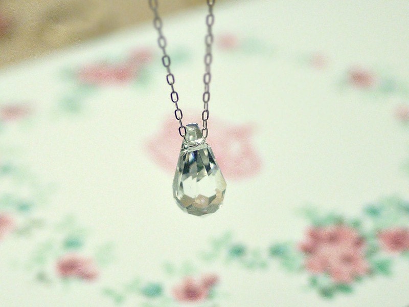 Crystal drop necklace - clear briolette on sterling silver chain - minimal dainty jewelry