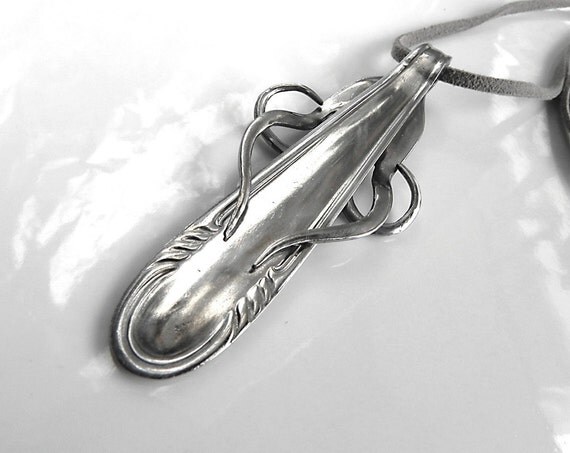 Stainless steel fork pendant on grey suede cord