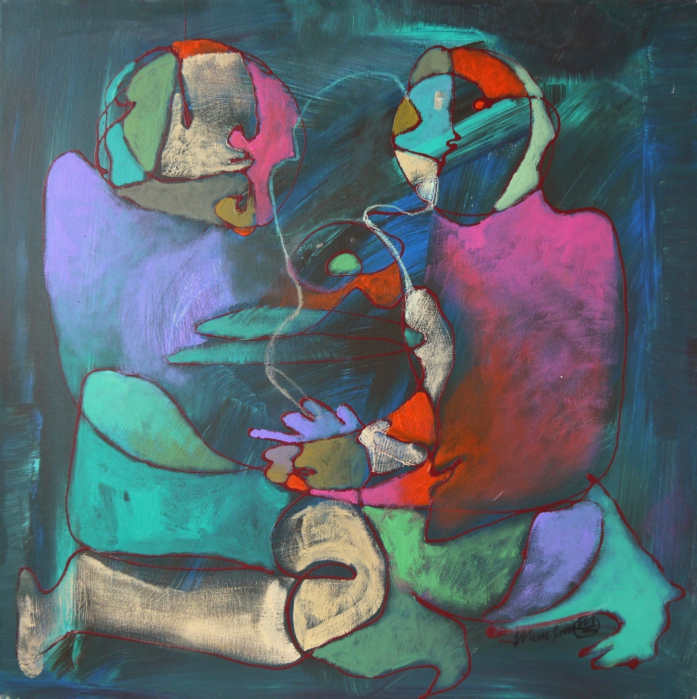 ABSTRACT ACRYLIC PAINTING on Canvas - Colorful Original Art - Happy family - Square Painting - Modern Figurative Wall Art by Teofana