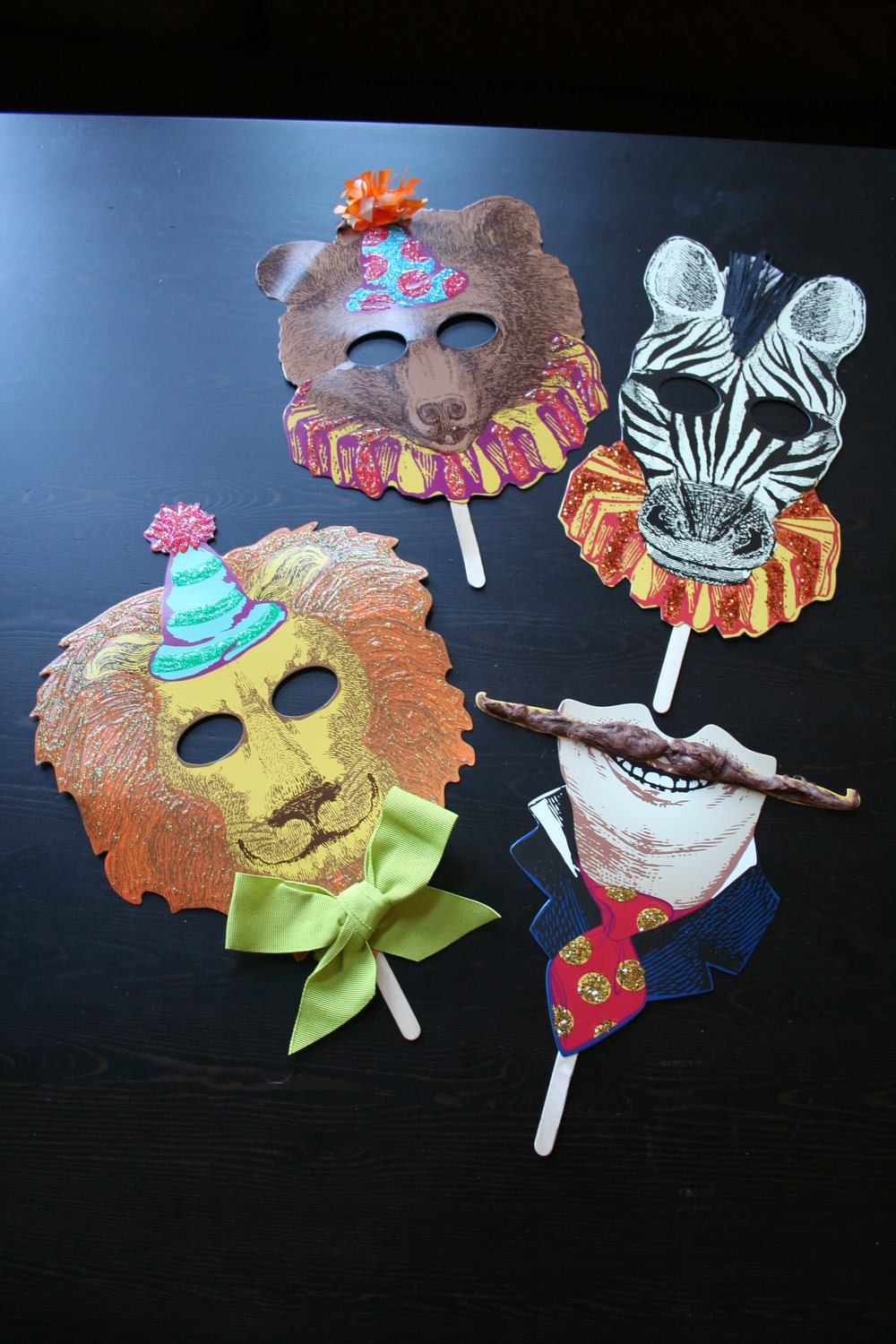 SALE SALE--Whimsical Vintage Inspired, Handembellished Set of Four Circus Character Masks