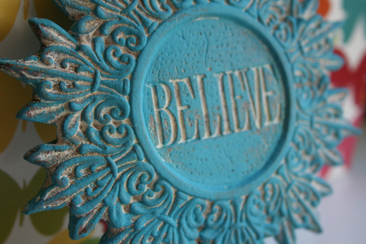 Upcycled and Handpainted BELIEVE Cermaic/Plaster Shabby Chic Scroll Wall Hanging/Sign/Home or Wedding Decor