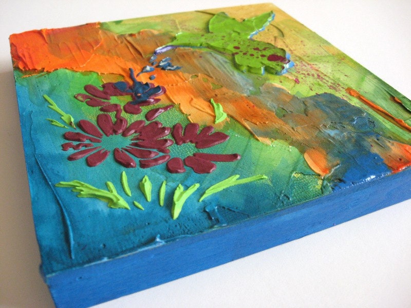 Green hummingbird original acrylic abstract painting