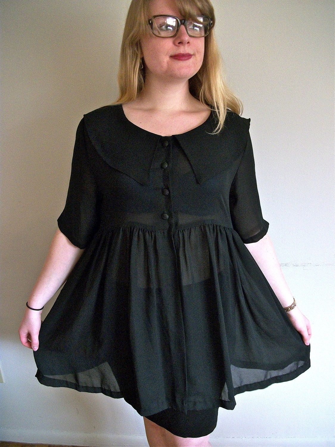 Vintage 90s Sheer Black Babydoll Mini Dress Cover Up Grunge Buttons Collar (M)