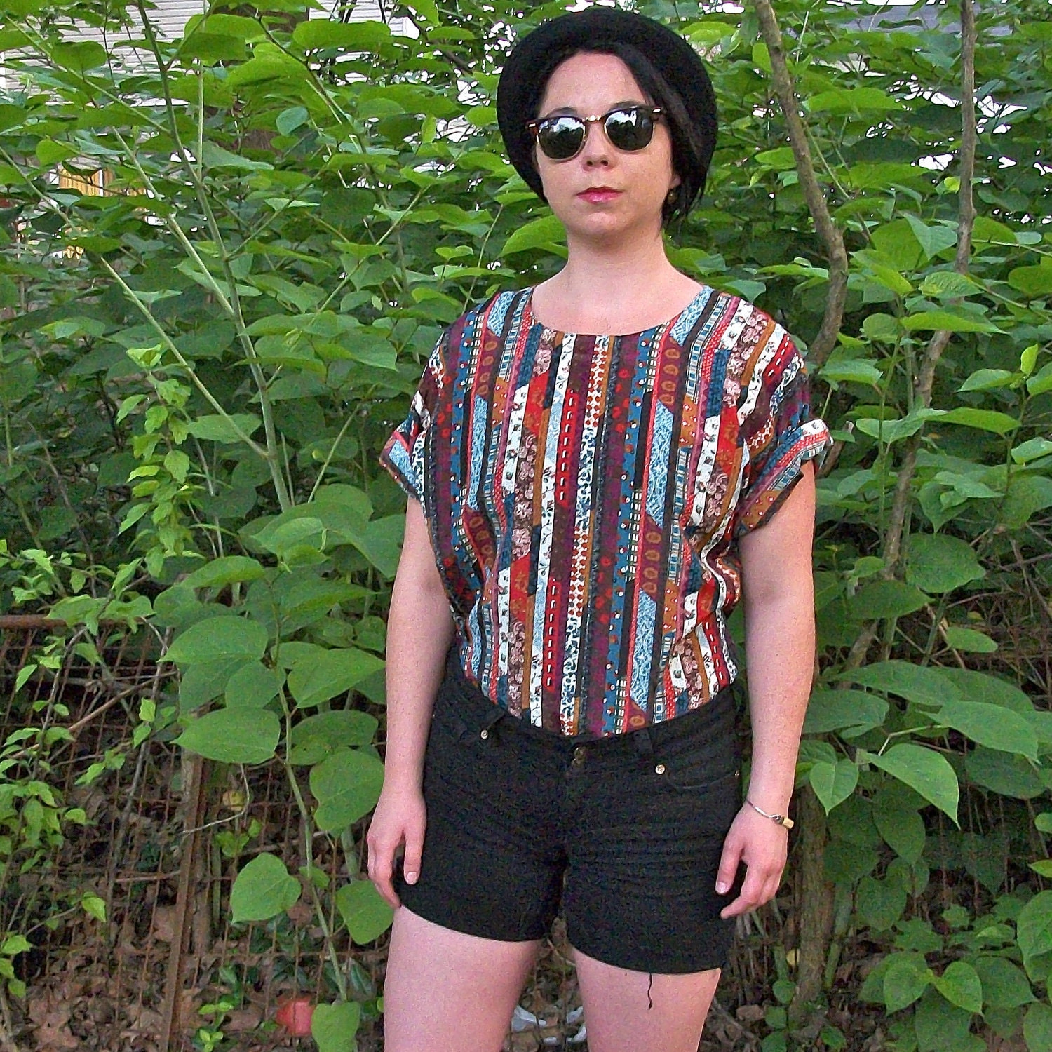 80s Patchwork Patterned Poly Short Sleeve Top (S - M - L)