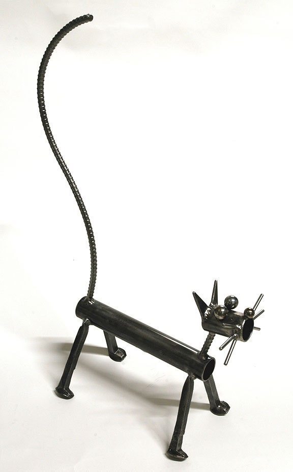 Cat sculpture in steel and found objects by Los Angeles metal sculptor Bruce Gray