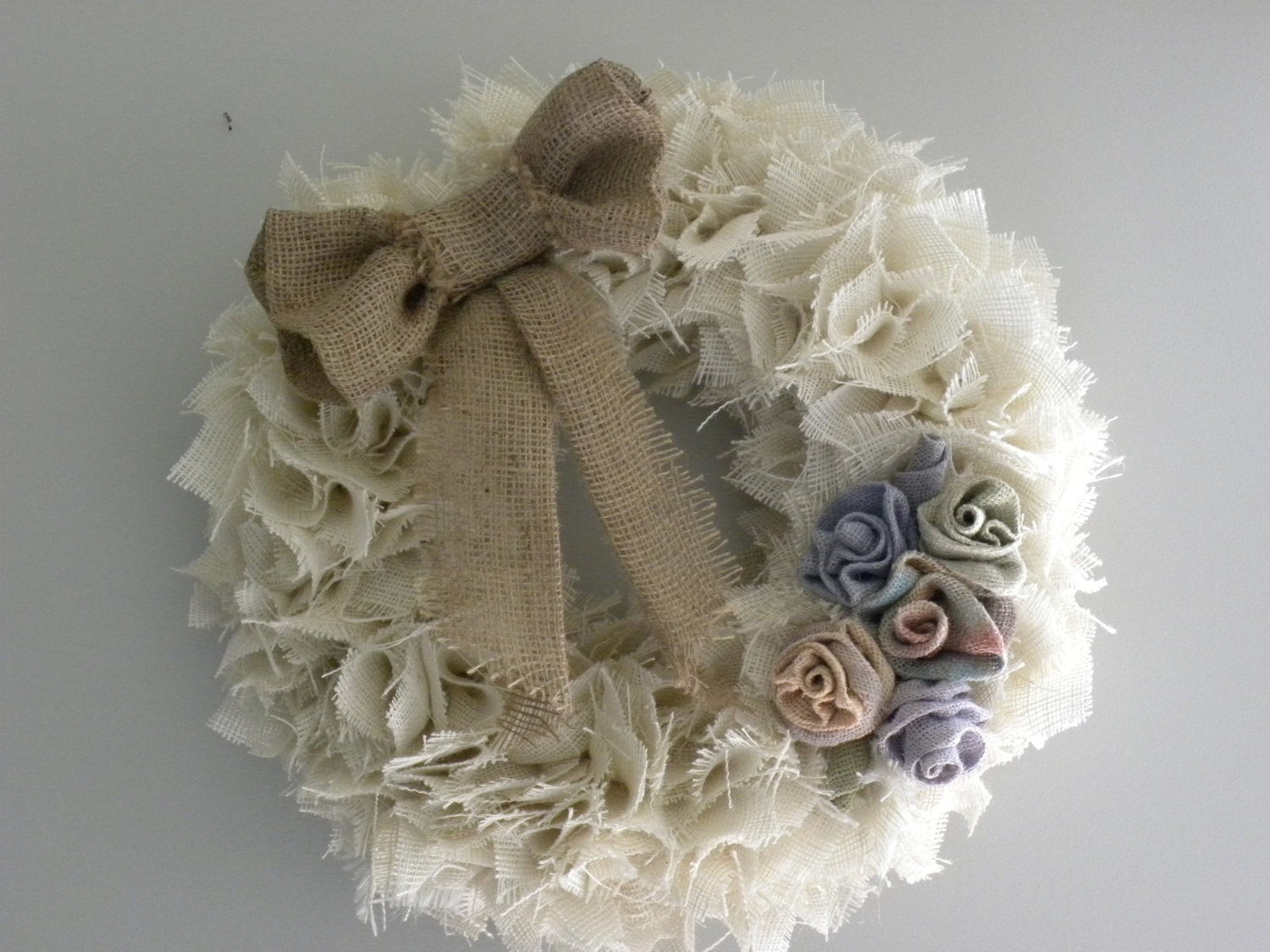 Cream Burlap Wreath with Pastel Roses