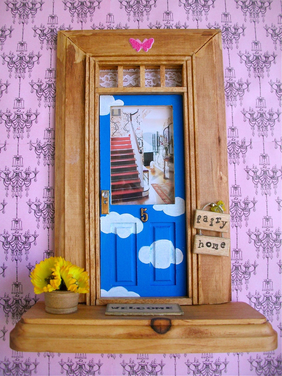 Fairy Door - Blue Sky w/Clouds and Wood Stained Trim - Foyer w/Red Stairs & Pet Goat