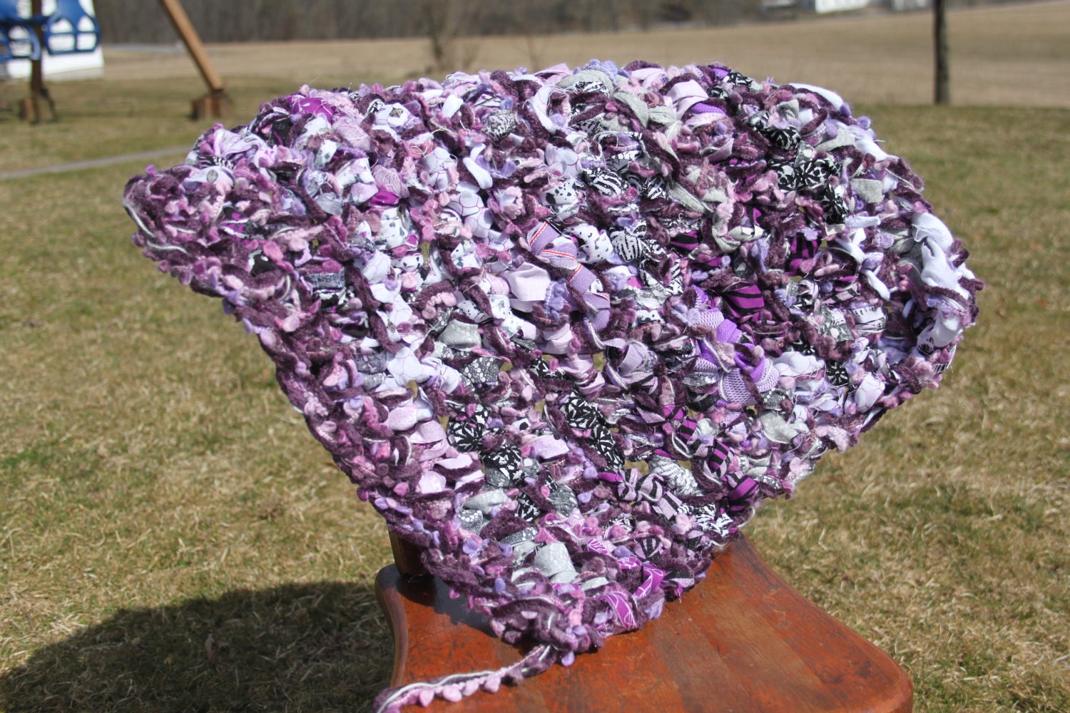 Hand Crocheted, Baby Photography Prop Blanket in Shades of Purple, White, and Black, made with material and yarn