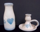 Blue Heart Folk Art Ceramic Vase and Candlestick Collection Lot of Two