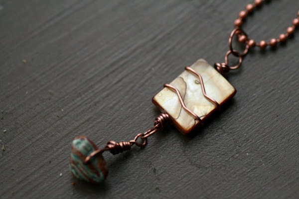 Antique Copper Ball Chain Necklace (B) with Mother of Pearl and Jasper Pendant