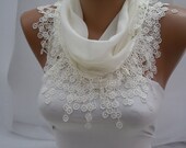 Creamy Cotton Scarf- Shawl Headband -Cowl with Lace Edge