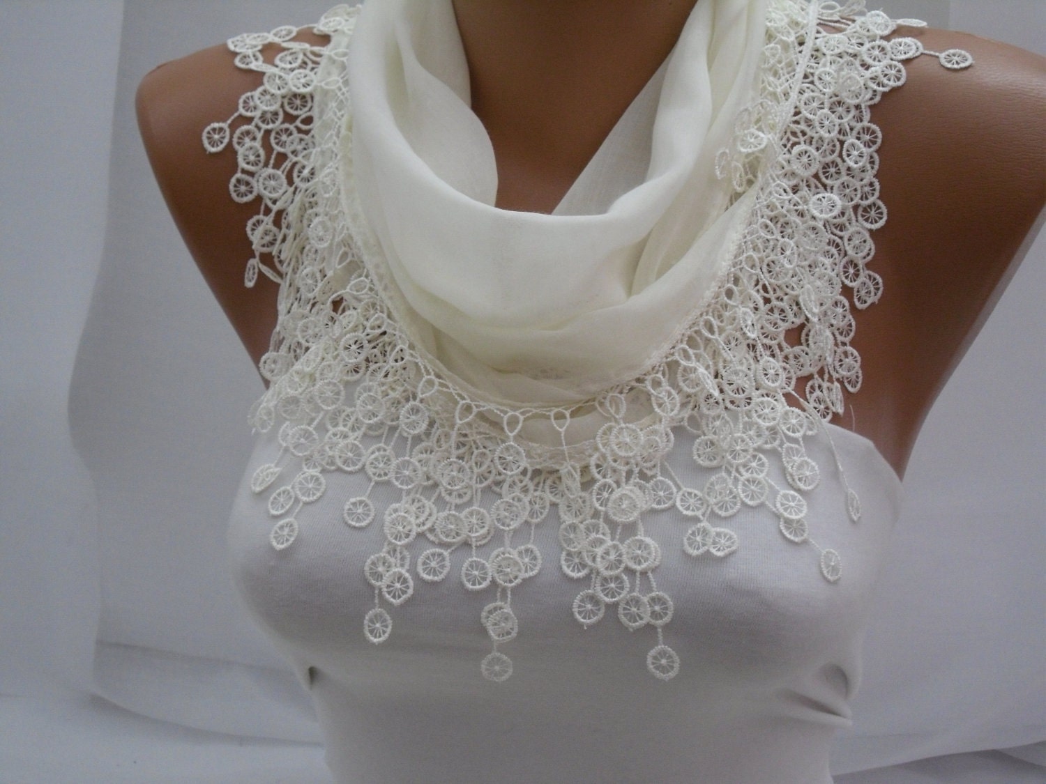 Creamy Cotton Scarf- Shawl Headband -Cowl with Lace Edge