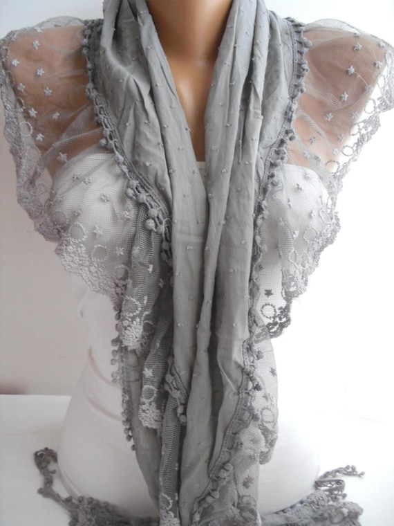 Gray Shawl Scarf Cotton Shawl Scarf Cowl headband with Lace Edge-