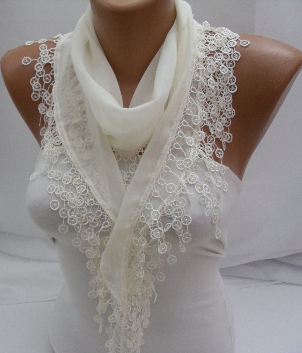 Creamy Cotton Scarf- Shawl Headband -Cowl with Lace Edge
