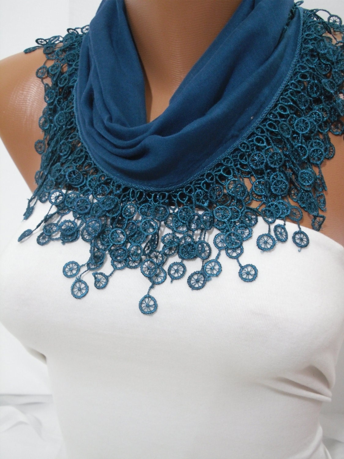 Navy Blue Deep Teal Cotton Shawl/ Scarf Headband - Cowl with Lace Edge - Spring Trends