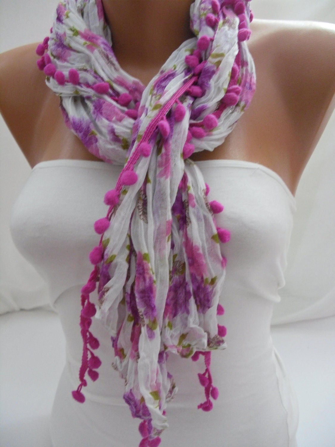 Pink Floral Pompom Shawl/ Scarf - Headband Necklace Cowl- Summer