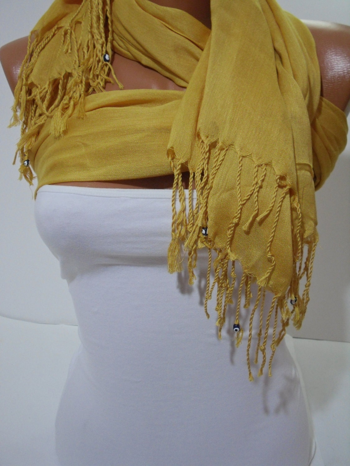 Yellow Shawl/ whit evil eye bead