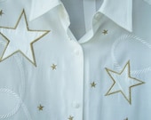 1990s dressy white western shirt blouse top embroidered stars long sleeve rodeo square dance rockabilly women medium